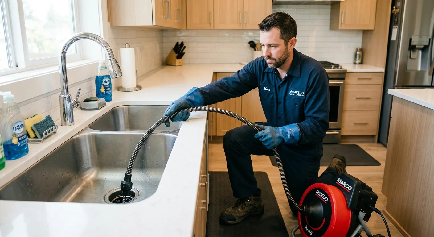 Drain cleaning technician using a motorized snake on a kitchen sink in Hartford