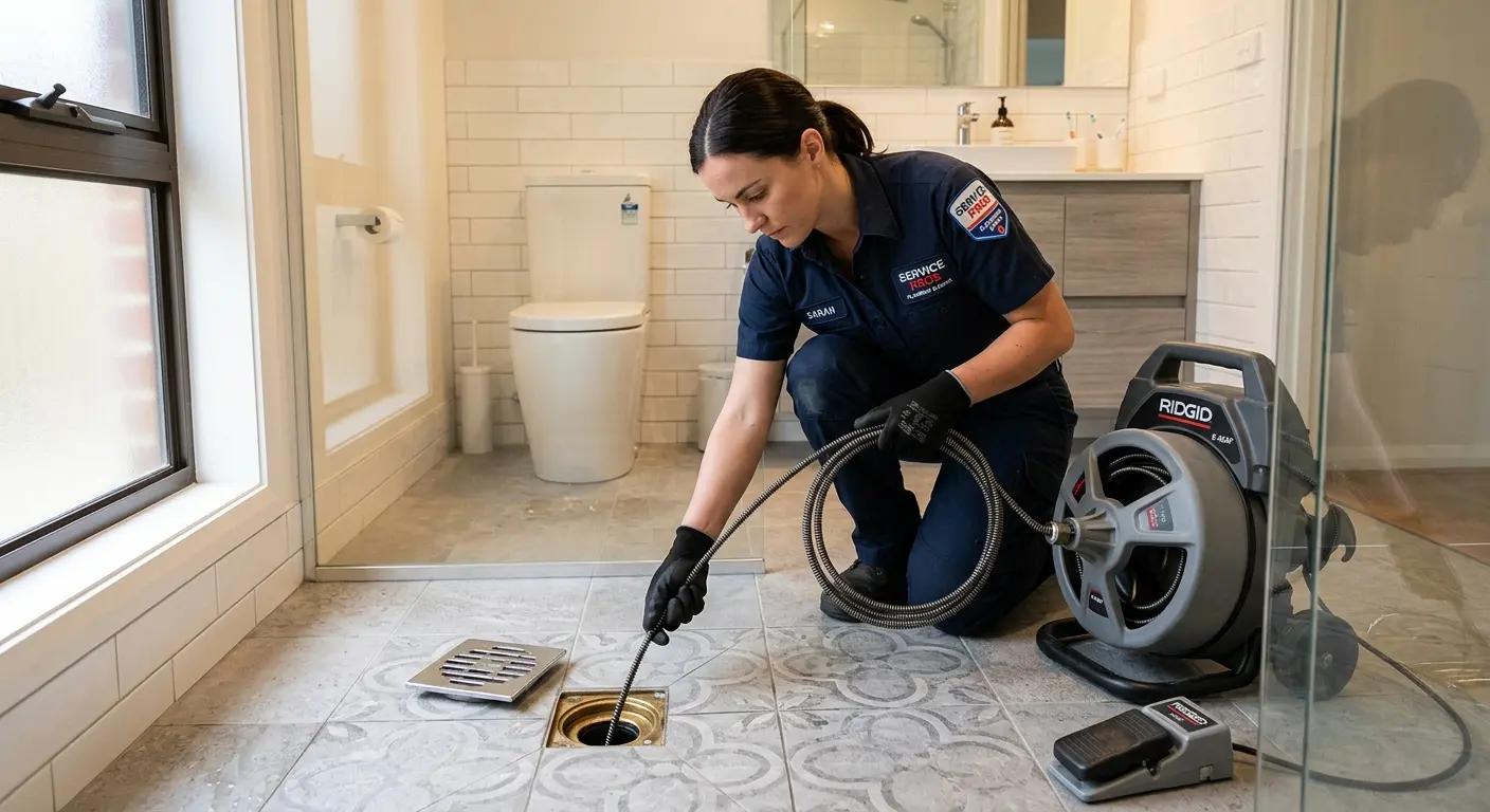 Technician clearing a bathroom floor drain for Sewer Line Replacement in Hartford